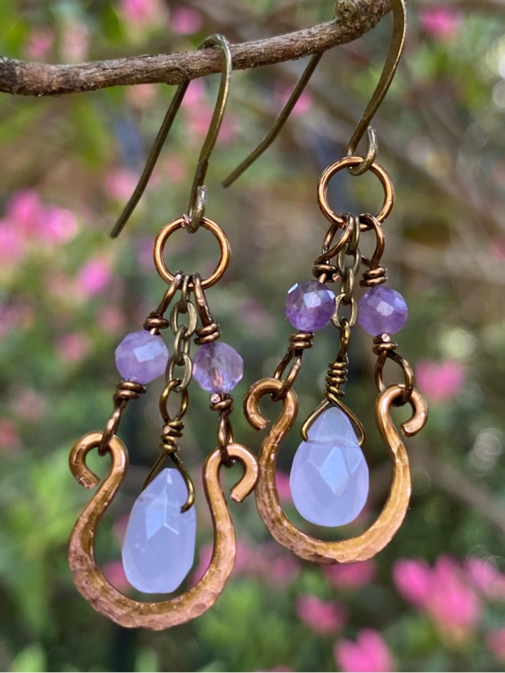Handcrafted Chalcedony and Amethyst Dangle Earrings -